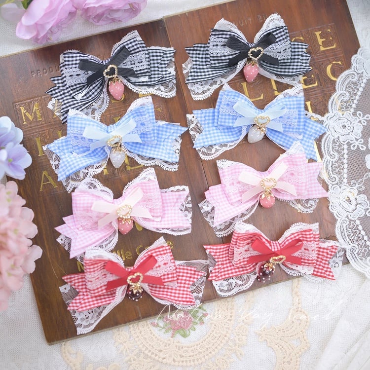 Four Colors Jirai Kei Plaid Bowknot Hairclips with Strawberry Charm