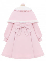 Jirai Kei Pink Elegant Long Coat with Detachable Cape and Plush Peter Pan Collar