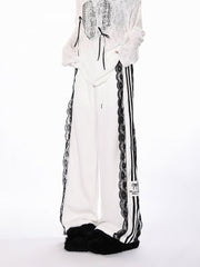 White/Black/Blue Wide-Leg Pants with Lace Trim and Bow Embroidery