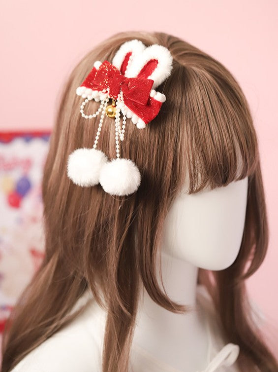 Sweet Lolita Plush Bunny Ear Bowknot Hairclip with Bell and Pom-Pom