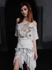White Semi-Sheer Off-Shoulder Top with Punk Prints