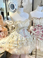 Chic Tulip Hi-lo Strapless Top with Bubble Skirt Set Beige Fairycore Floral Princess Dress