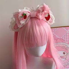 Sweet Bunny Ear Strawberry Theme Striped Oversized Bowknot KC