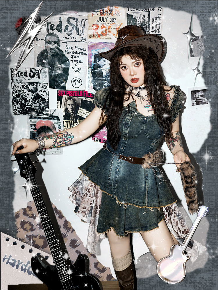 Plus Size Gyaru Fashion Leopard Patchwork Blue Puff Sleeves Denim Dress with Waist Belt