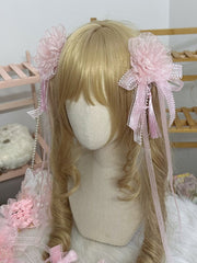 Sweet Lolita Pink Large Floral Bowknot Ribbon Hairclip With Tassel