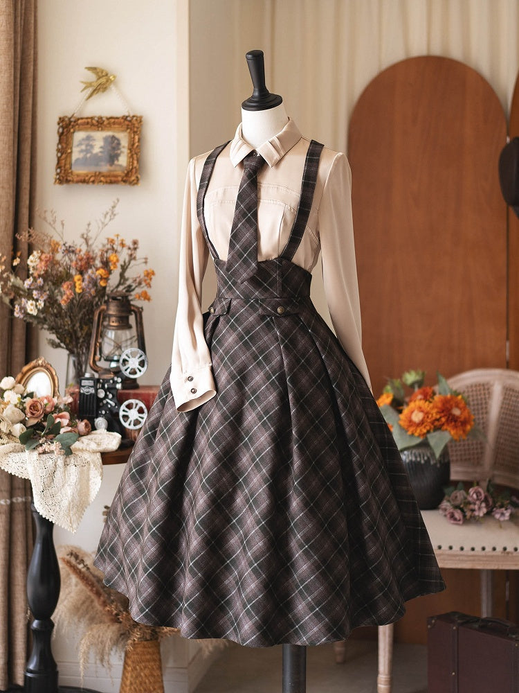 Vintage Preppy Style Dark Green High Waist Plaid Overall Skirt with Tonal Tie