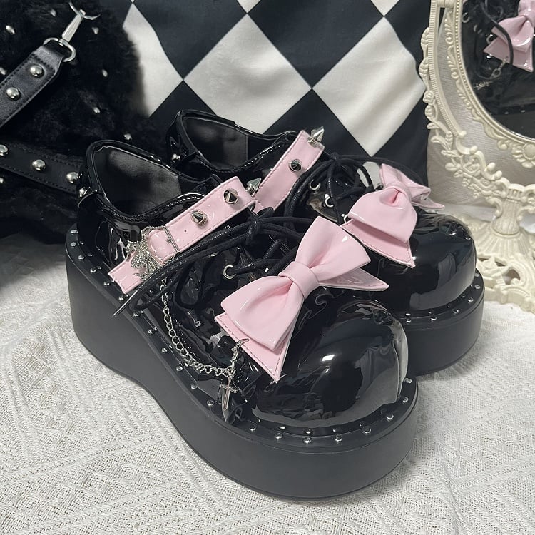 Y2K Polished Black&Pink Stud Bowknot Spider Design Punk Platform Shoes