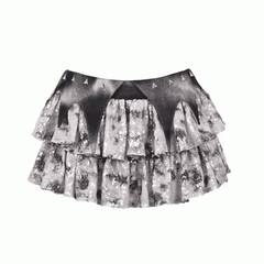 Y3K Fashion Futuristic Silver Gray Low Waist Bat Wing Detail Waistband Sequins Tiered Cyberpunk  Skirt