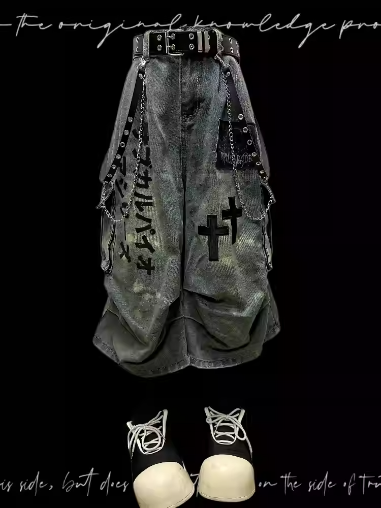 Wasteland Punk Light Blue Cross Appliques Distressed Wide-leg Cargo Jeans