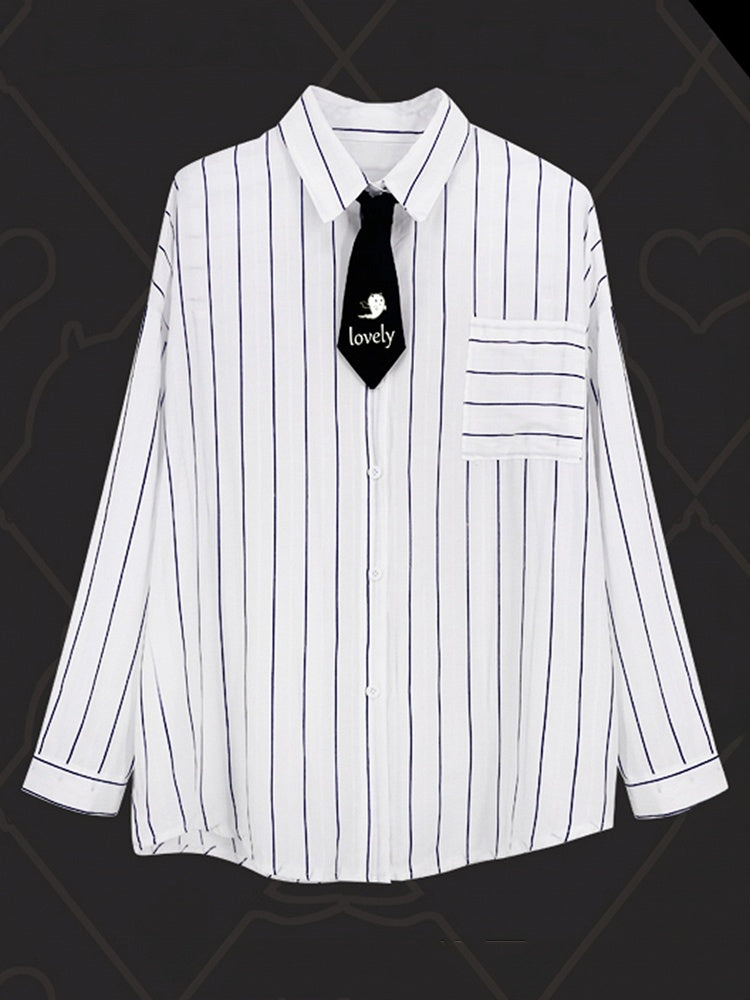 White Stripe Pattern Preppy Shirt with Bow Tie