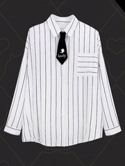 White Stripe Pattern Preppy Shirt with Bow Tie