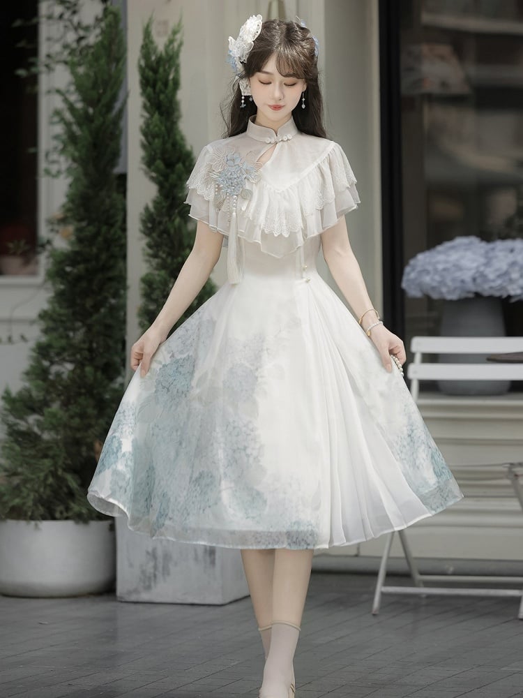 Short Version Hydrangea Print White Elegant Classic Lolita Dress with Lace Shawl
