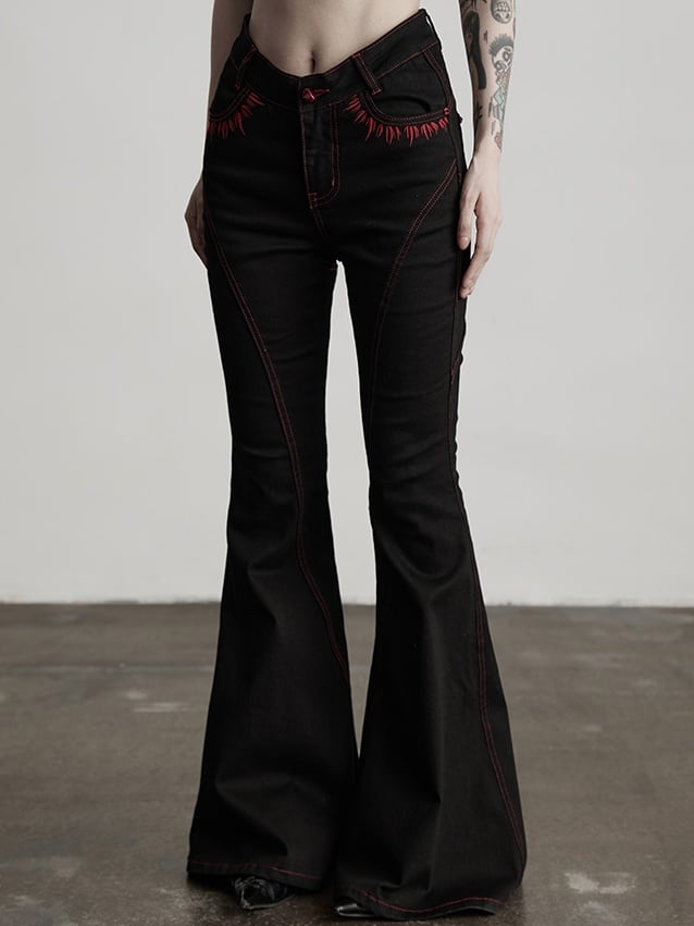Urban Goth Black Flared Jeans with Red Embroidery