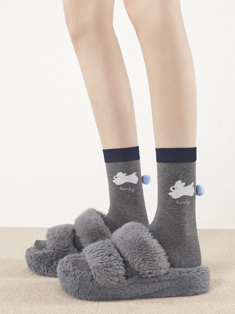 White/Light Blue/Dark Gray Cute Puppy Pattern Cotton Socks with Pom-Pom Accents