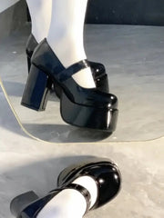 Y2K Black High Block Heel Shoes - Mary Jane Style with Circular Buckle Accent