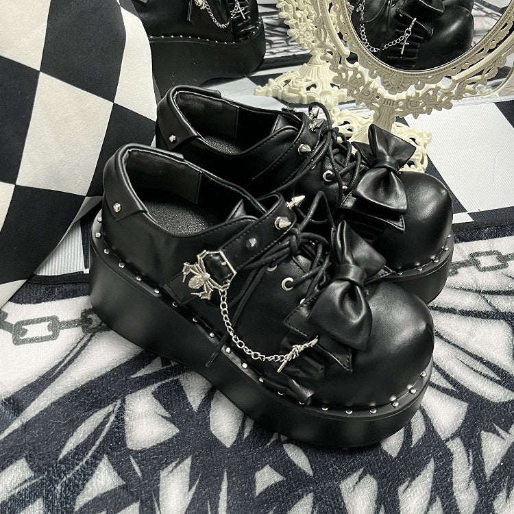 Y2K Matte Black Stud Bowknot Spider Design Punk Platform Shoes