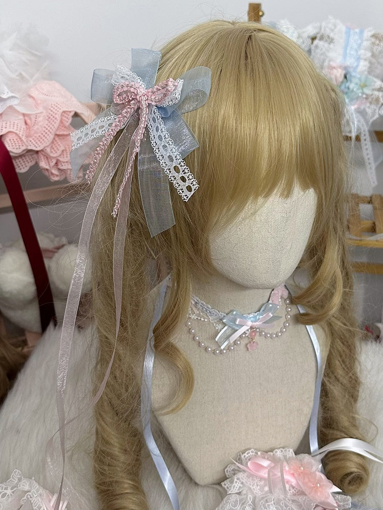 Pink & Blue Double-Layer Bow Cherry Blossom Charm Lolita Hairclip