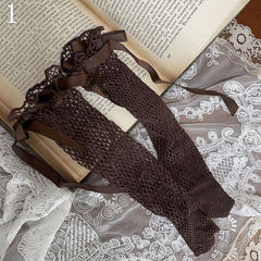 Khaki Fishnet Underknee Stockings/Lace Trims Underknee Stockings/Black Fishnet Socks/Heart-shaped Studded Leg Loop