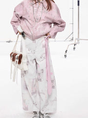 White Wide-leg Jeans with Hand-Drawn Doodles and Bow Print