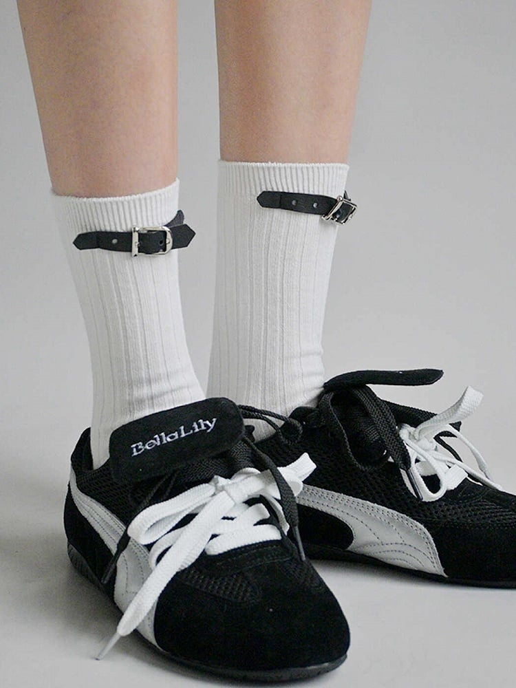 White/Black/Light Grey/Dark Grey PU Buckles Socks