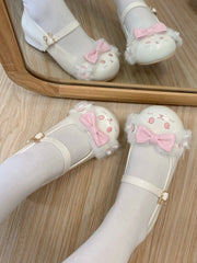 White&Pink Bowknot Details Plush Bunny Ear Sweet Lolita Round Toe Shoes With Bunny Buckle Strap