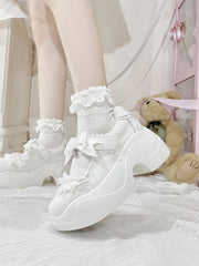 White Lace Trim Bowknot Velcro Strap Closures  Jirai Kei Platforms