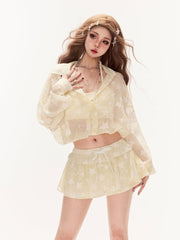 Yellow Allover Star Print Sun Protection Semi-sheer Cropped Shirt