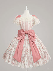 Pink&Beige Floraland Stripe Print Lace Tiered Ruffle Elegant Classic Lolita Dresswith Bow Accents