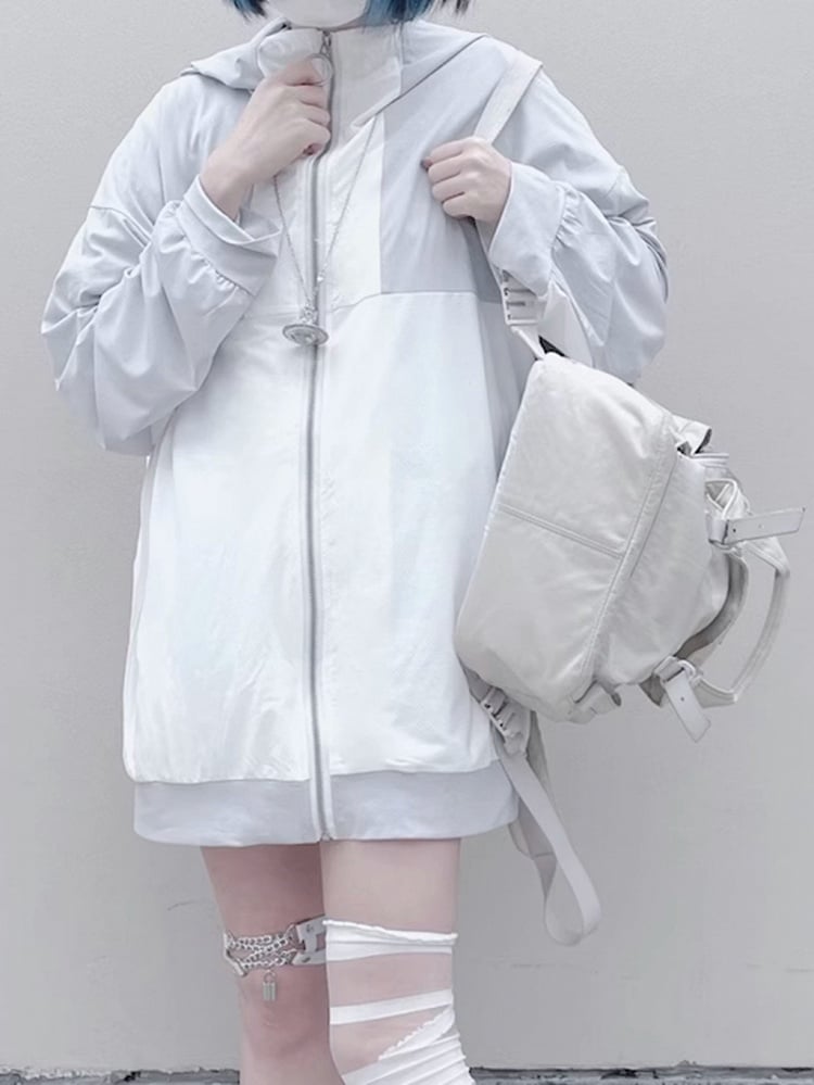 White & Gray Cross Pattern Jirai Kei Sun Protection Hooded Coat