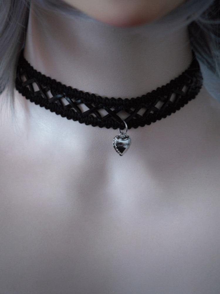 Silver Heart Pendant Black Choker