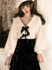 White V-Neck Lolita Coat with Black Bowknots