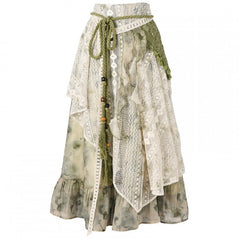 Tie Dye Lace Patchwork Design Green Mori Kei Skirt Long/Short Version