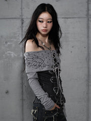 Vintage Grey Punk Knit Top with Denim Panels & Off-Shoulder Design