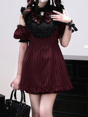 Versatile Jirai Kei Coord Set: Wine Red Striped Dress with Modular Sleeves & Matching Shorts