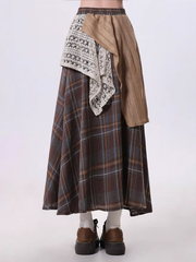 Mori Kei Coffee Plaid Maxi Skirt with Asymmetrical Patchwork Design