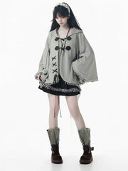 Mori Kei Dusty Green Hooded Cape with Pom-Pom Accents and Lace-Up Design
