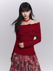 Red Christmas Off-the-shoulder Neckline Long Sleeves Top with Floral Design
