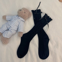 White/Black Side Ruched Bow Decorated Calf Socks with Ruffled Trim