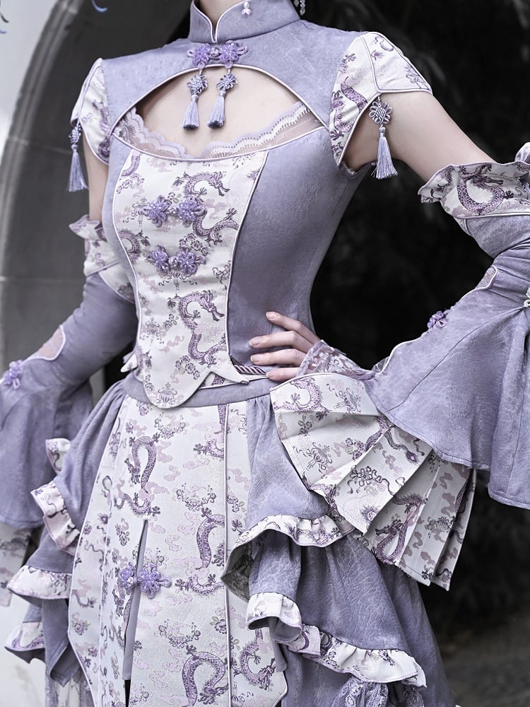 Purple Cheongsam Collar Short Sleeves Top Tassel Charm Decorated