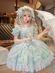 Tulip Print Green Off-Shoulder Elegant Lolita Dress with Drawsting Tulle Overlay