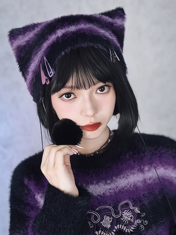 Gothic Purple Cheongsam Faux Mink Cat Ear Beanie with Gradient Stripes & Pom-Poms