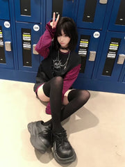 Y2K Black & Red Striped Color Block Top with Skeleton Print