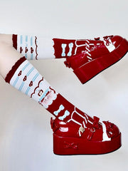 Red Apple Heart Honey Jar Bowknot Print Striped Pattern Lolita Calf Socks