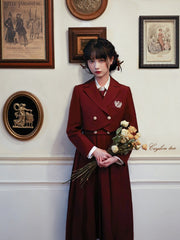 Red Notched Collar Embroidered Blazer with Gold-tone Buttons