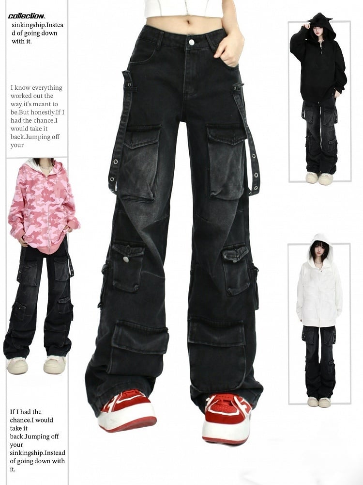 Vintage Distressed Jeans with Multiple Cargo Pockets and Denim Strap Design