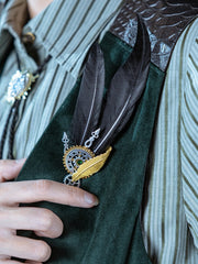 Steampunk Green Rhinestone Gear Design Black Feather Decorated  Brooch