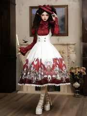 White & Red Skeleton and Cross Print Under Bust Gothic Lolita Dress with Lace Trim
