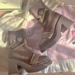 Platform Academic Style Reddish Brown Boots with 7cm Heel & Bear Details