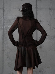 Brown Vintage Princess Tie-Neck Blouse with Tiered Flounce Lace & Button-Down Front