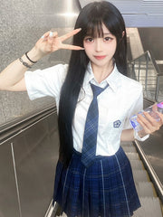 White Preppy Style Floral Embroidery Pleating Details JK Uniform Short Sleeves Shirt